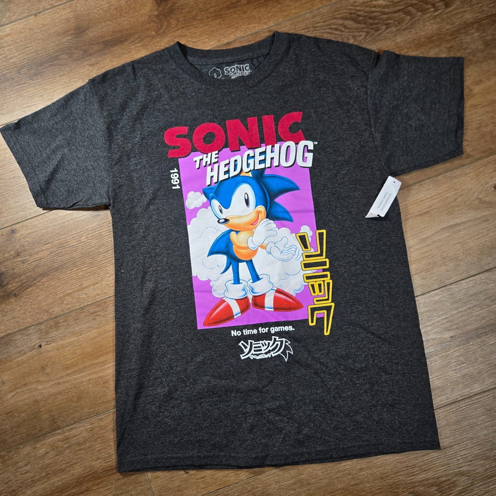 Sonic Hedgehog T Shirt Mens M Gray Kanji Graphic No Time For Games Sega Retro